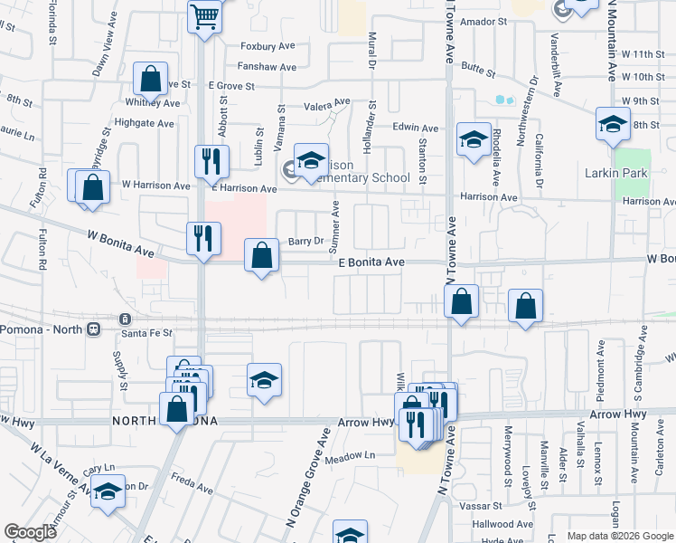 map of restaurants, bars, coffee shops, grocery stores, and more near 497 East Bonita Avenue in Pomona