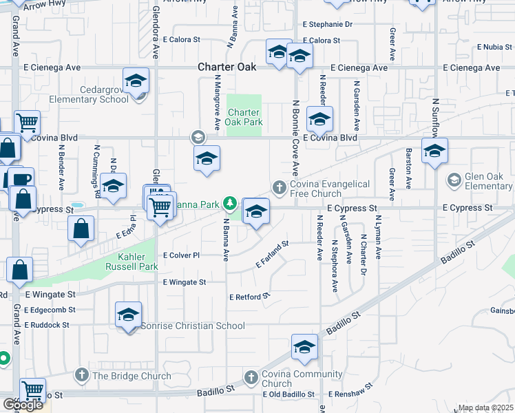 map of restaurants, bars, coffee shops, grocery stores, and more near 1503-1601 East Cypress Street in Covina