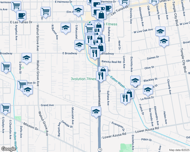 map of restaurants, bars, coffee shops, grocery stores, and more near 5339 California 19 in San Gabriel