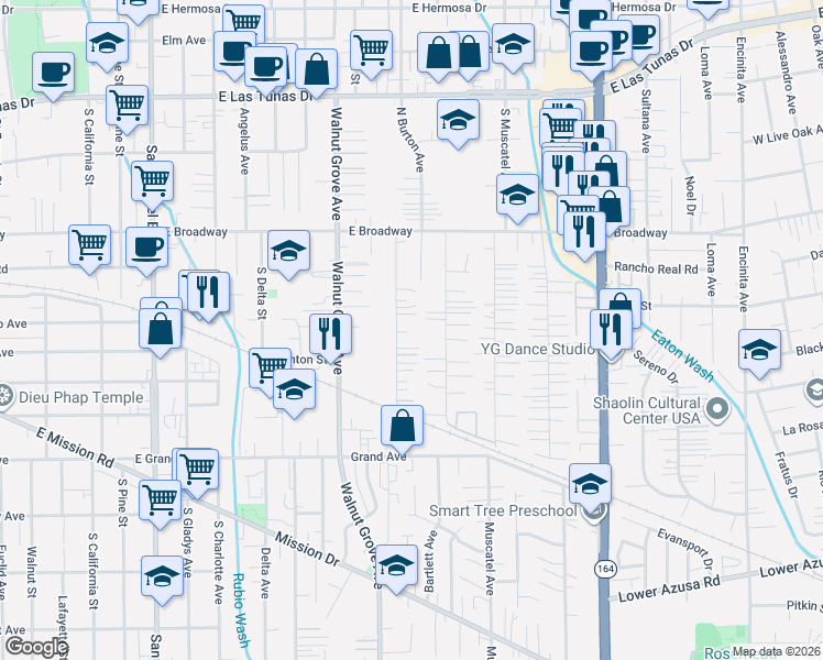 map of restaurants, bars, coffee shops, grocery stores, and more near 5302 North Burton Avenue in San Gabriel