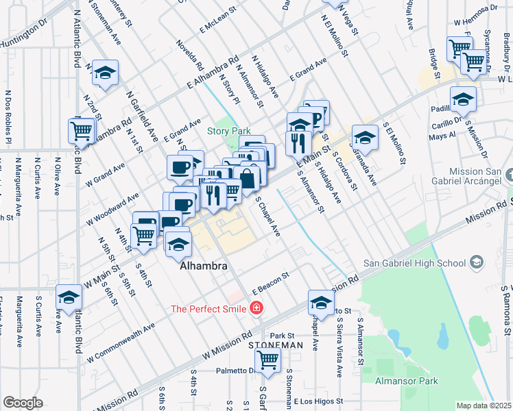 map of restaurants, bars, coffee shops, grocery stores, and more near 243 East Main Street in Alhambra