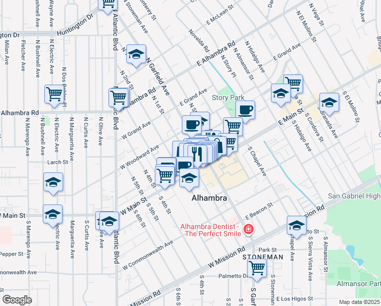 map of restaurants, bars, coffee shops, grocery stores, and more near 123 North Garfield Avenue in Alhambra
