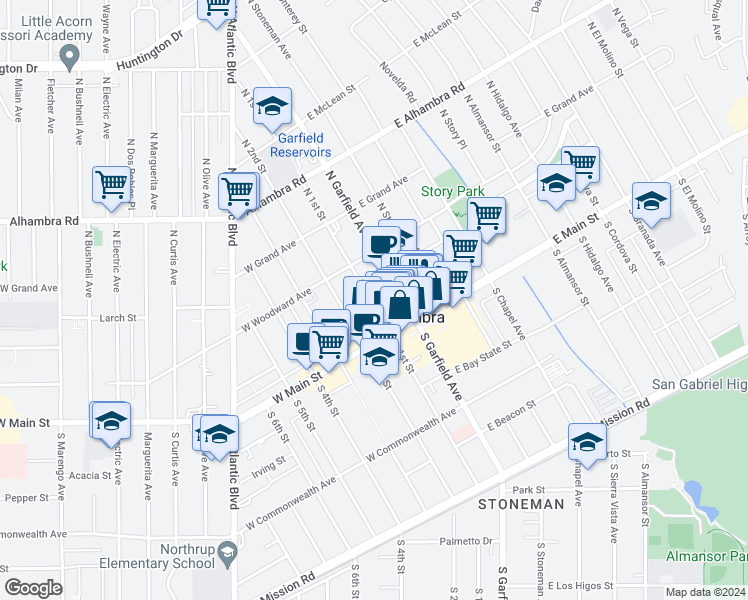 map of restaurants, bars, coffee shops, grocery stores, and more near 123 North Garfield Avenue in Alhambra