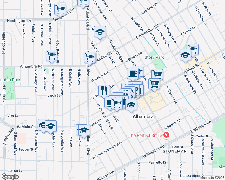 map of restaurants, bars, coffee shops, grocery stores, and more near 205 West Woodward Avenue in Alhambra