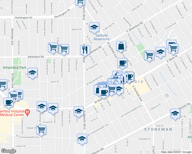 map of restaurants, bars, coffee shops, grocery stores, and more near 315 North 3rd Street in Alhambra