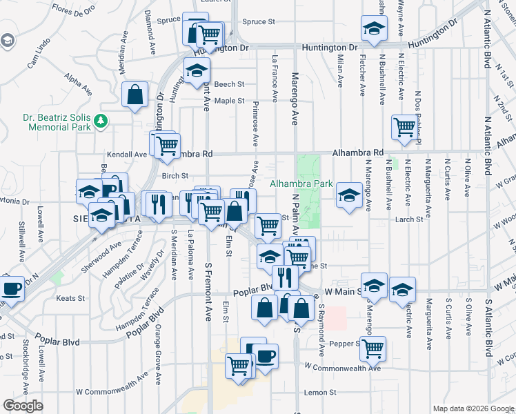 map of restaurants, bars, coffee shops, grocery stores, and more near 2315 West Grand Avenue in Alhambra