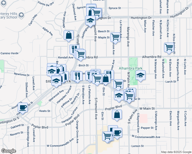 map of restaurants, bars, coffee shops, grocery stores, and more near 2525 West Grand Avenue in Alhambra
