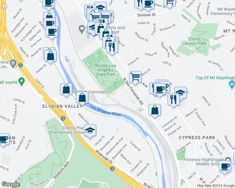 map of restaurants, bars, coffee shops, grocery stores, and more near 25 2700 Chaucer St. in Los Angeles