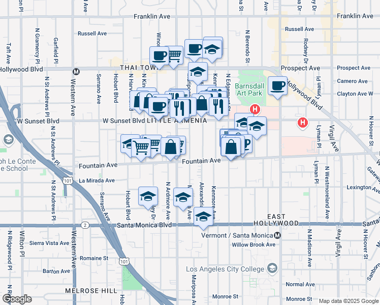 map of restaurants, bars, coffee shops, grocery stores, and more near 1342 North Mariposa Avenue in Los Angeles