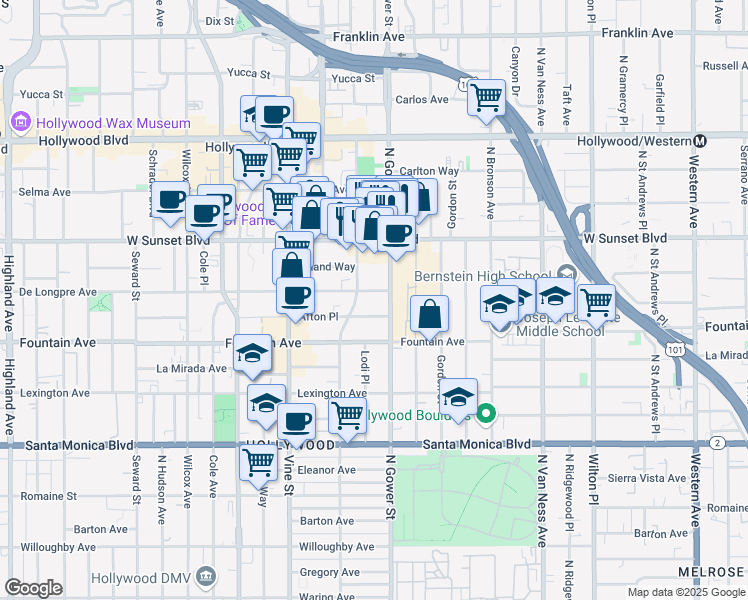 map of restaurants, bars, coffee shops, grocery stores, and more near 1429 North Gower Street in Los Angeles