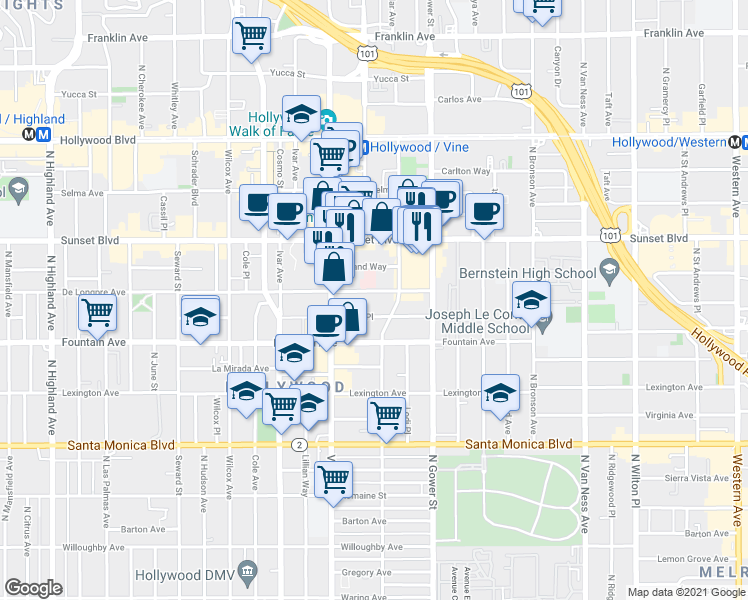 map of restaurants, bars, coffee shops, grocery stores, and more near 6219 De Longpre Avenue in Los Angeles