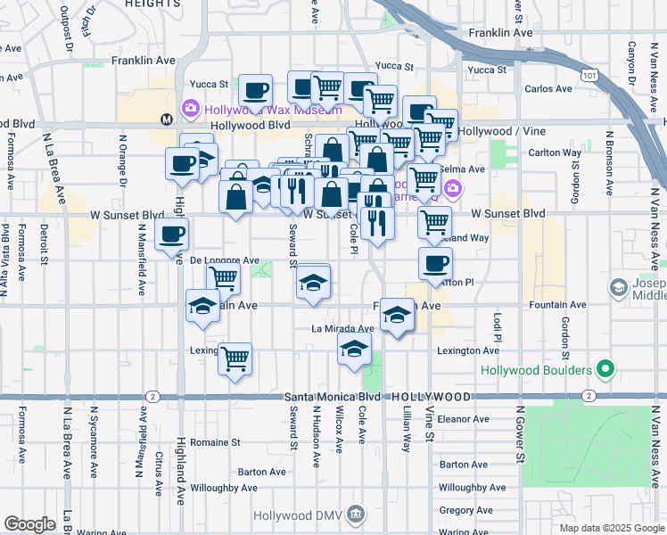 map of restaurants, bars, coffee shops, grocery stores, and more near 1415 North Hudson Avenue in Los Angeles