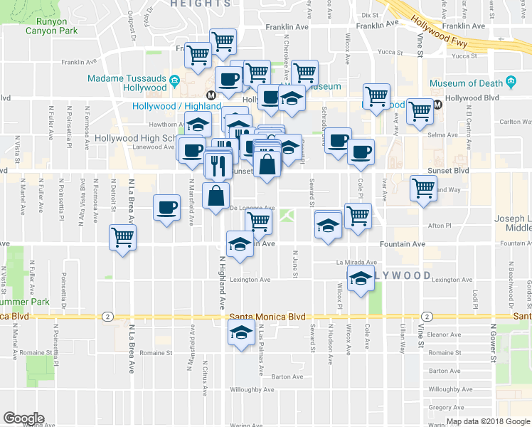 map of restaurants, bars, coffee shops, grocery stores, and more near 1408 North Las Palmas Avenue in Los Angeles