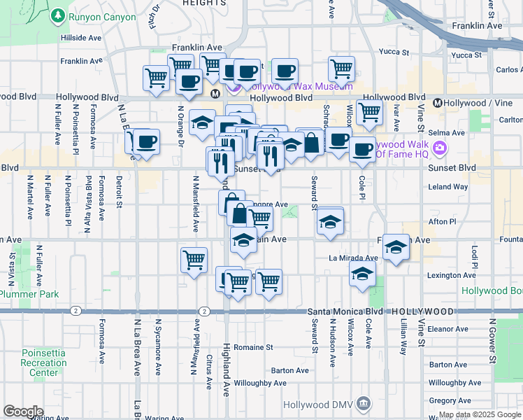 map of restaurants, bars, coffee shops, grocery stores, and more near 1408 North Las Palmas Avenue in Los Angeles