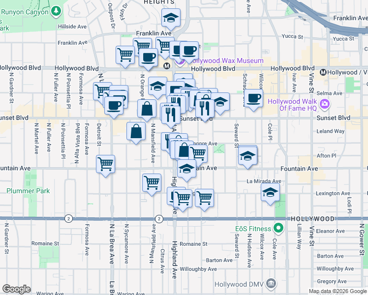 map of restaurants, bars, coffee shops, grocery stores, and more near 1410 North McCadden Place in Los Angeles