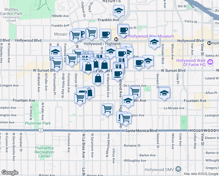 map of restaurants, bars, coffee shops, grocery stores, and more near 1411 North Mansfield Avenue in Los Angeles