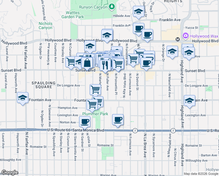 map of restaurants, bars, coffee shops, grocery stores, and more near 1350 North Fuller Avenue in Los Angeles