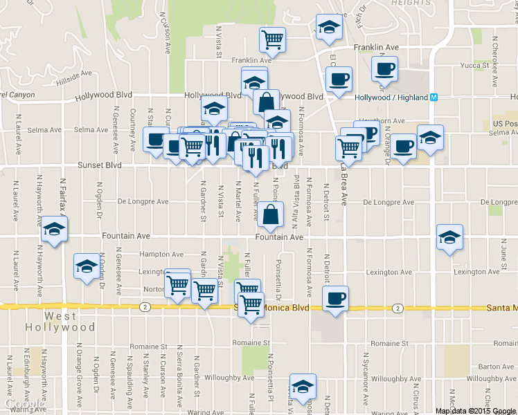 map of restaurants, bars, coffee shops, grocery stores, and more near 1411 North Fuller Avenue in Los Angeles