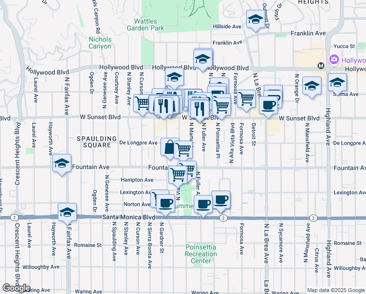 map of restaurants, bars, coffee shops, grocery stores, and more near 1416 North Vista Street in Los Angeles