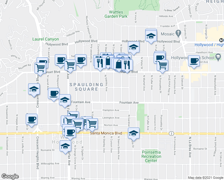 map of restaurants, bars, coffee shops, grocery stores, and more near 1404 North Stanley Avenue in Los Angeles