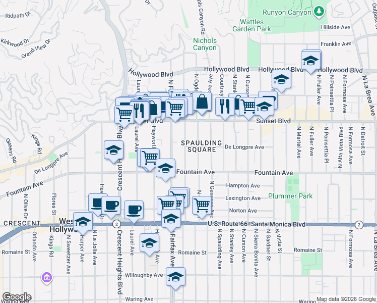 map of restaurants, bars, coffee shops, grocery stores, and more near 1407 North Orange Grove Avenue in West Hollywood