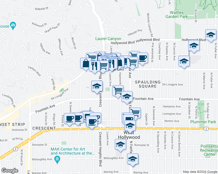 map of restaurants, bars, coffee shops, grocery stores, and more near 1401 North Laurel Avenue in West Hollywood
