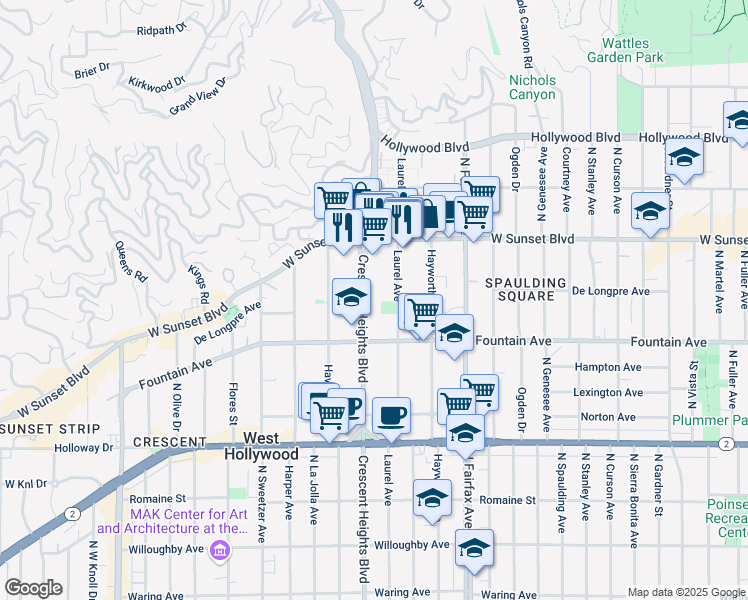 map of restaurants, bars, coffee shops, grocery stores, and more near 1401 North Laurel Avenue in West Hollywood