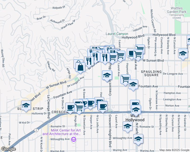 map of restaurants, bars, coffee shops, grocery stores, and more near 1415 Havenhurst Drive in Los Angeles