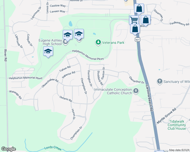 map of restaurants, bars, coffee shops, grocery stores, and more near 6600 Wedderburn Drive in Wilmington