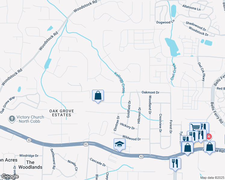 map of restaurants, bars, coffee shops, grocery stores, and more near 512 Sable Trace Way in Acworth