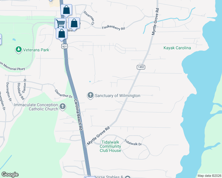 map of restaurants, bars, coffee shops, grocery stores, and more near 7418 Myrtle Grove Road in Wilmington