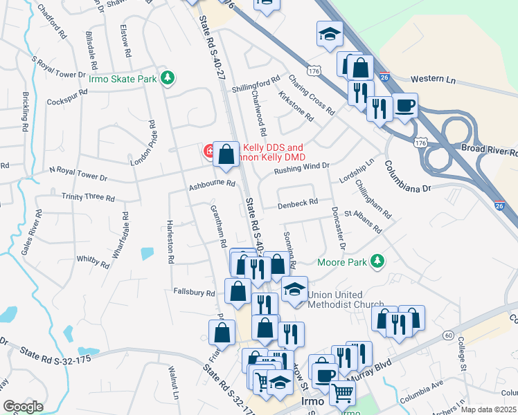 map of restaurants, bars, coffee shops, grocery stores, and more near 326 Rushing Wind Drive in Irmo