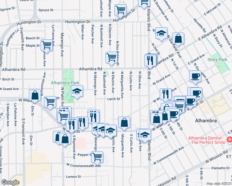 map of restaurants, bars, coffee shops, grocery stores, and more near 318 North Electric Avenue in Alhambra