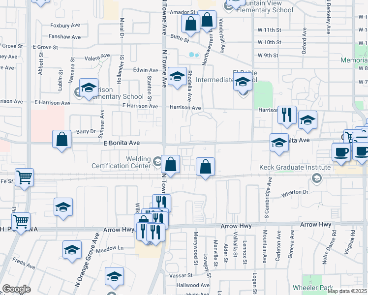 map of restaurants, bars, coffee shops, grocery stores, and more near 843 Seville Lane in Pomona