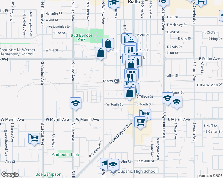 map of restaurants, bars, coffee shops, grocery stores, and more near 210 West Bonnie View Drive in Rialto