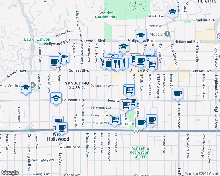 map of restaurants, bars, coffee shops, grocery stores, and more near 1355 North Sierra Bonita Avenue in West Hollywood