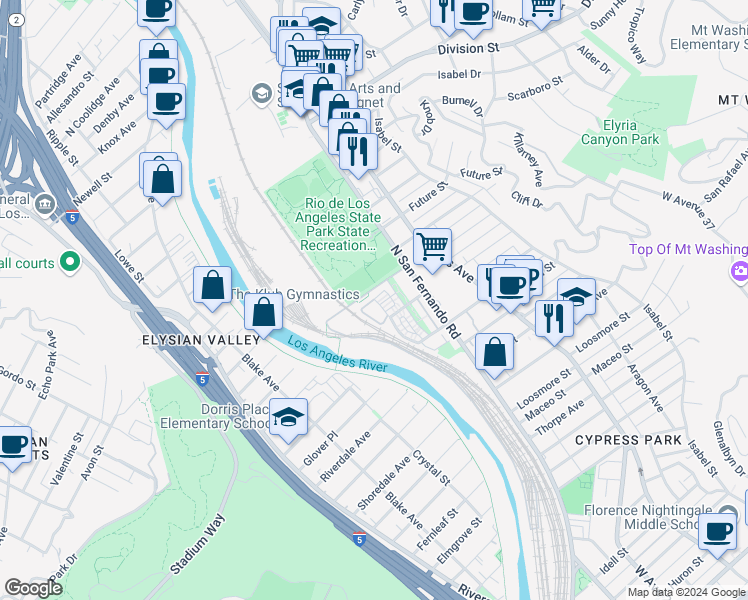 map of restaurants, bars, coffee shops, grocery stores, and more near 2700 East Chaucer Street in Los Angeles