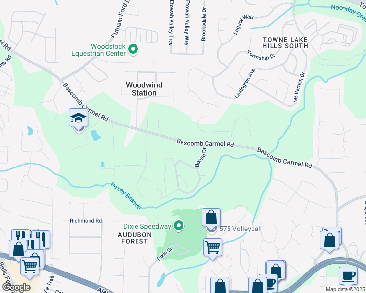 map of restaurants, bars, coffee shops, grocery stores, and more near 2173 Bascomb Carmel Road in Woodstock