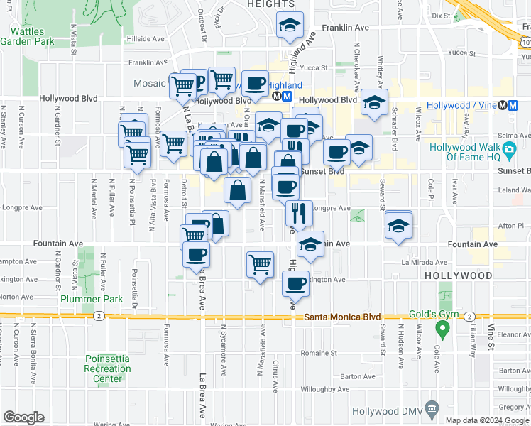 map of restaurants, bars, coffee shops, grocery stores, and more near 6860 De Longpre Avenue in Los Angeles