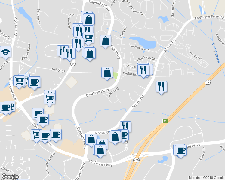map of restaurants, bars, coffee shops, grocery stores, and more near 3204 Buck Way in Alpharetta