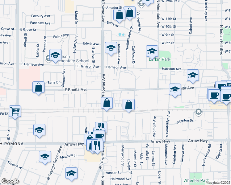 map of restaurants, bars, coffee shops, grocery stores, and more near 843 Seville Lane in Pomona