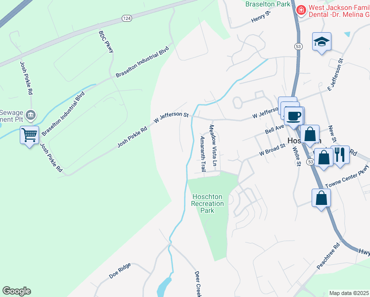 map of restaurants, bars, coffee shops, grocery stores, and more near 189 Panther Court in Hoschton
