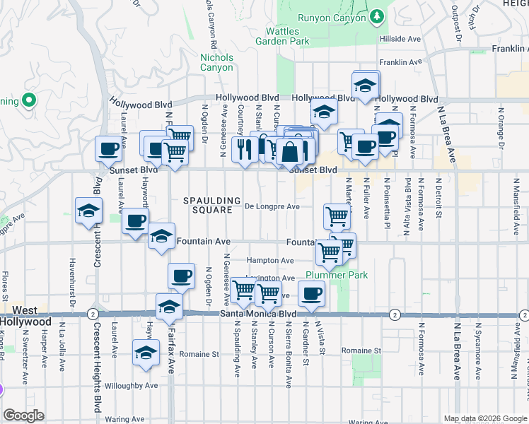 map of restaurants, bars, coffee shops, grocery stores, and more near 1404 North Stanley Avenue in Los Angeles