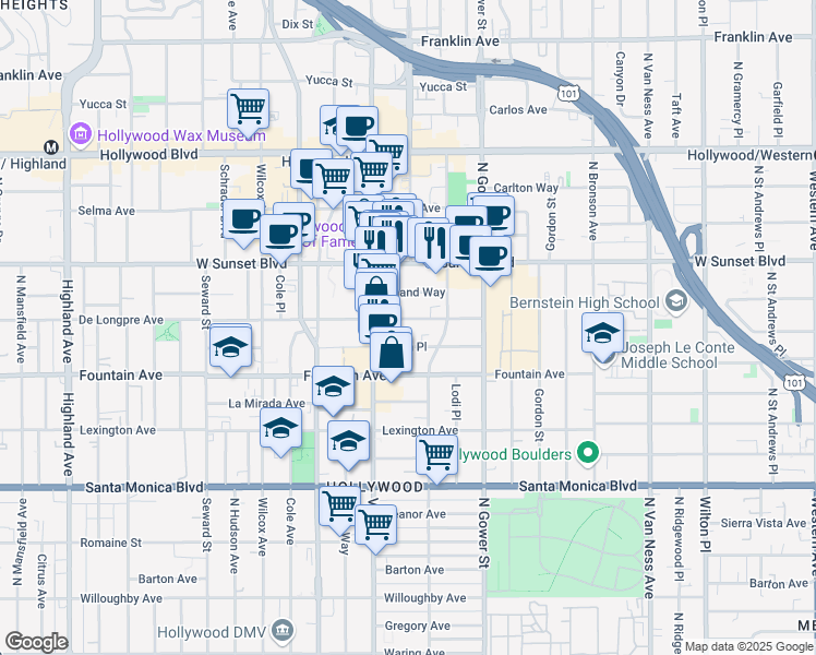 map of restaurants, bars, coffee shops, grocery stores, and more near 6244 De Longpre Avenue in Los Angeles