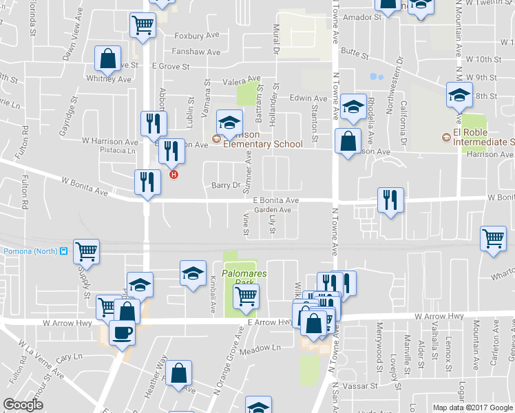 map of restaurants, bars, coffee shops, grocery stores, and more near 543 Garden Avenue in Pomona