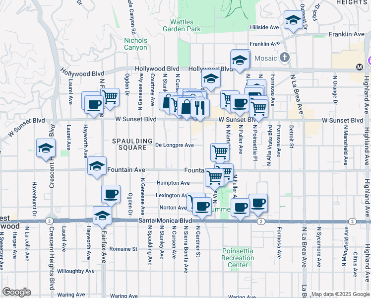 map of restaurants, bars, coffee shops, grocery stores, and more near 1355 North Sierra Bonita Avenue in Los Angeles