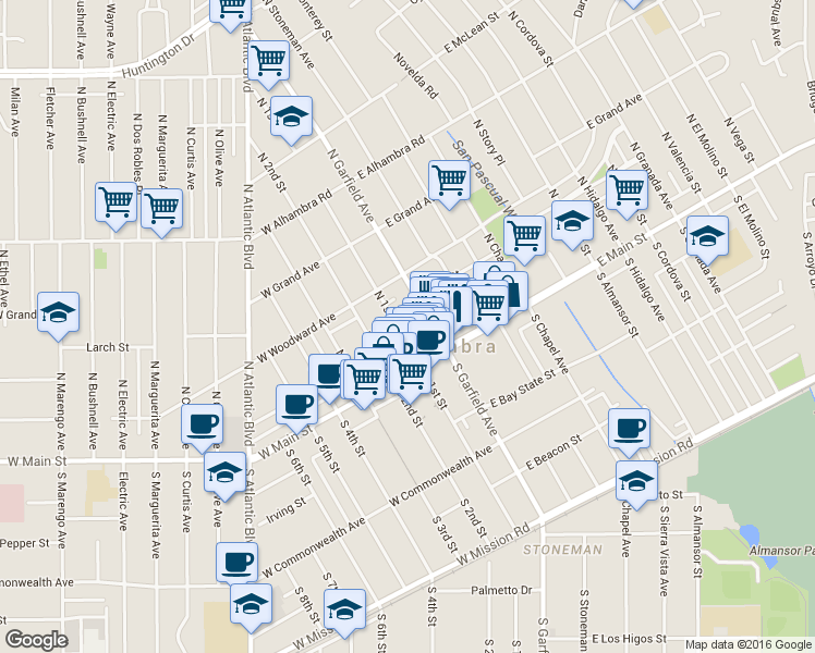 map of restaurants, bars, coffee shops, grocery stores, and more near in Alhambra