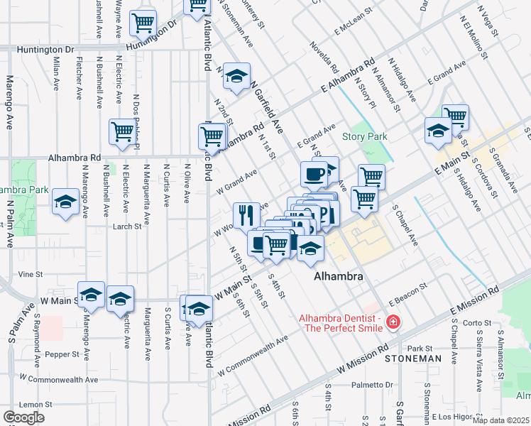 map of restaurants, bars, coffee shops, grocery stores, and more near 205 West Woodward Avenue in Alhambra