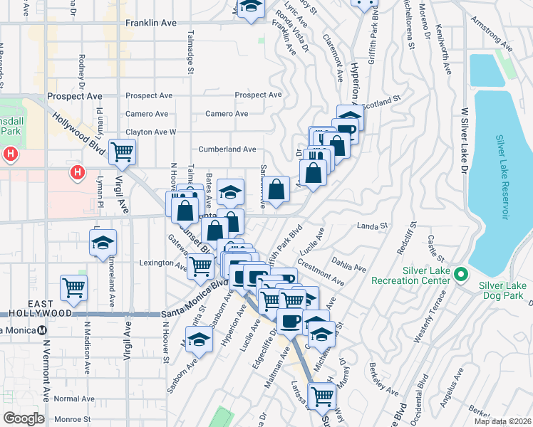map of restaurants, bars, coffee shops, grocery stores, and more near 1300 Sanborn Avenue in Los Angeles