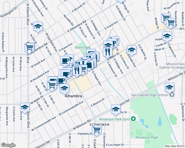 map of restaurants, bars, coffee shops, grocery stores, and more near 15 South Chapel Avenue in Alhambra
